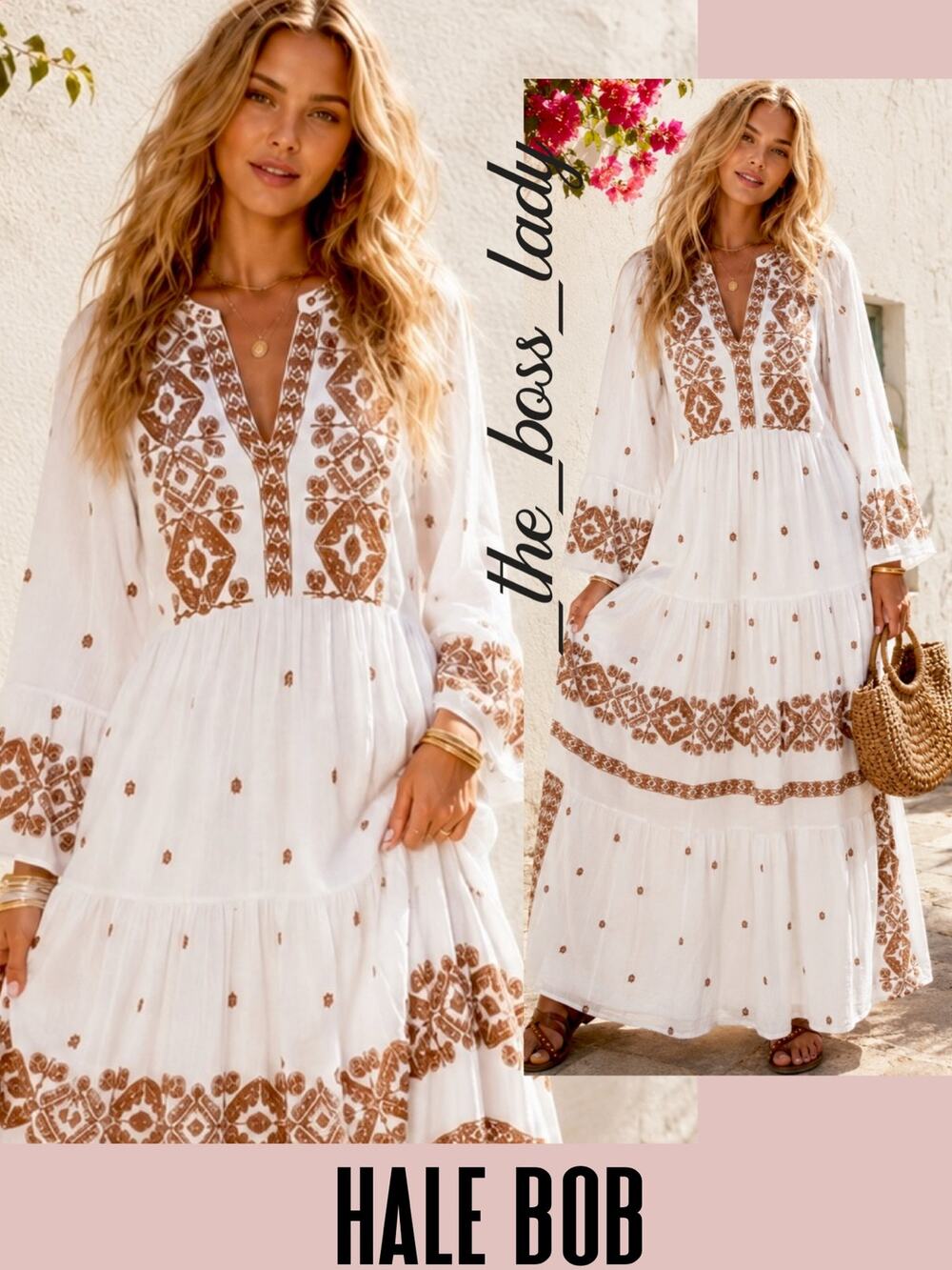 Hale Bob maxi dress embroidered trim crinkle gauze boho Large
